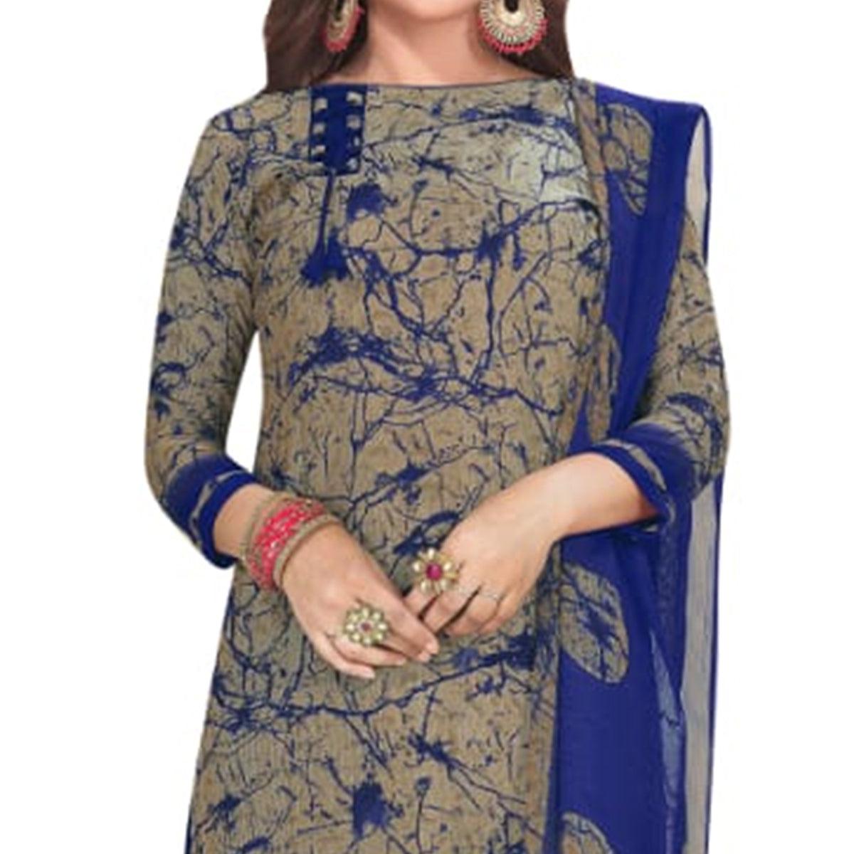Charming Brown - Blue Colored Casual Wear Printed Crepe Patiala Dress Material