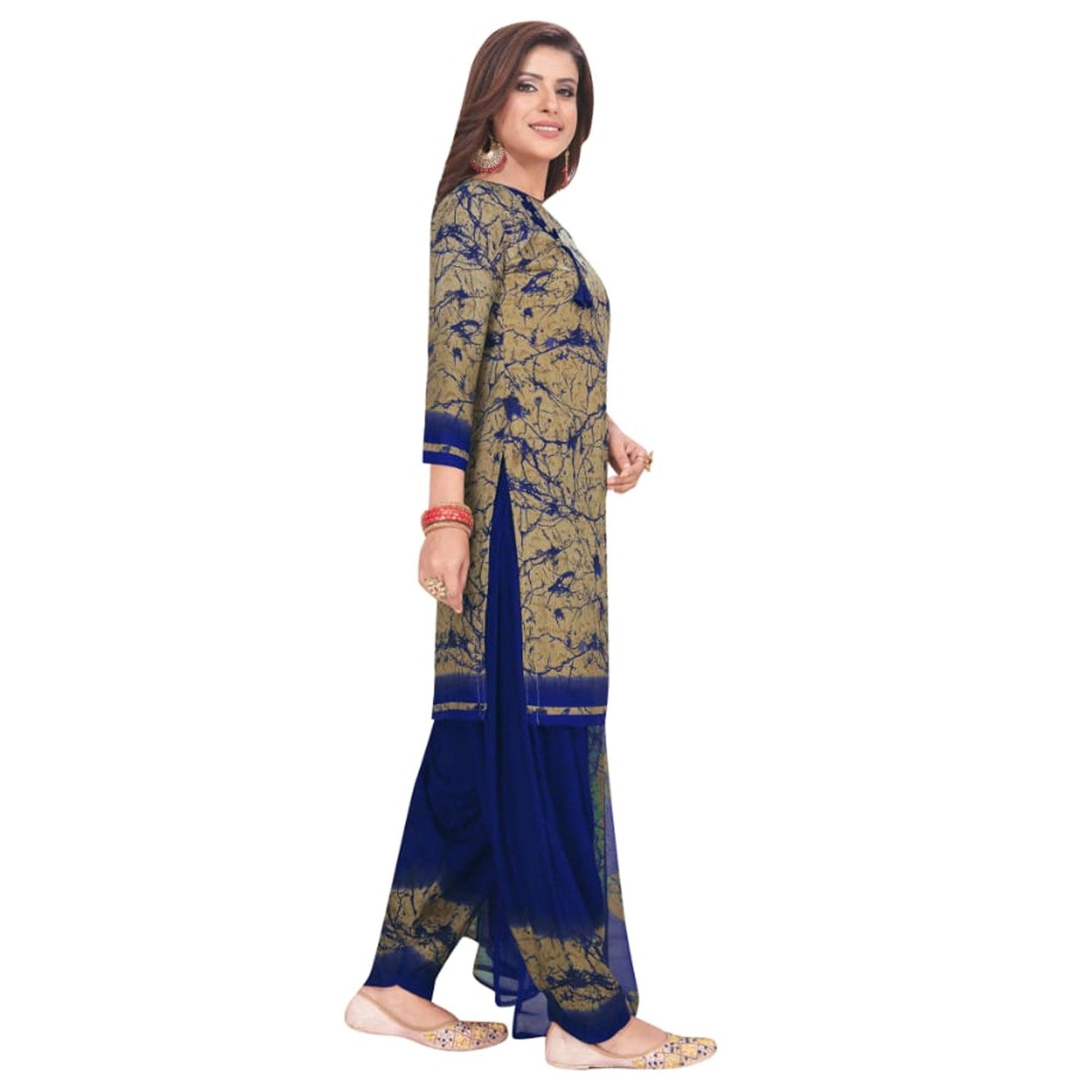 Charming Brown - Blue Colored Casual Wear Printed Crepe Patiala Dress Material