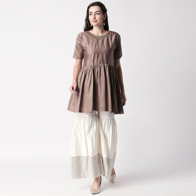 Charming Brown Colored Casual Embroidered Silk Kurti-Sharara Set