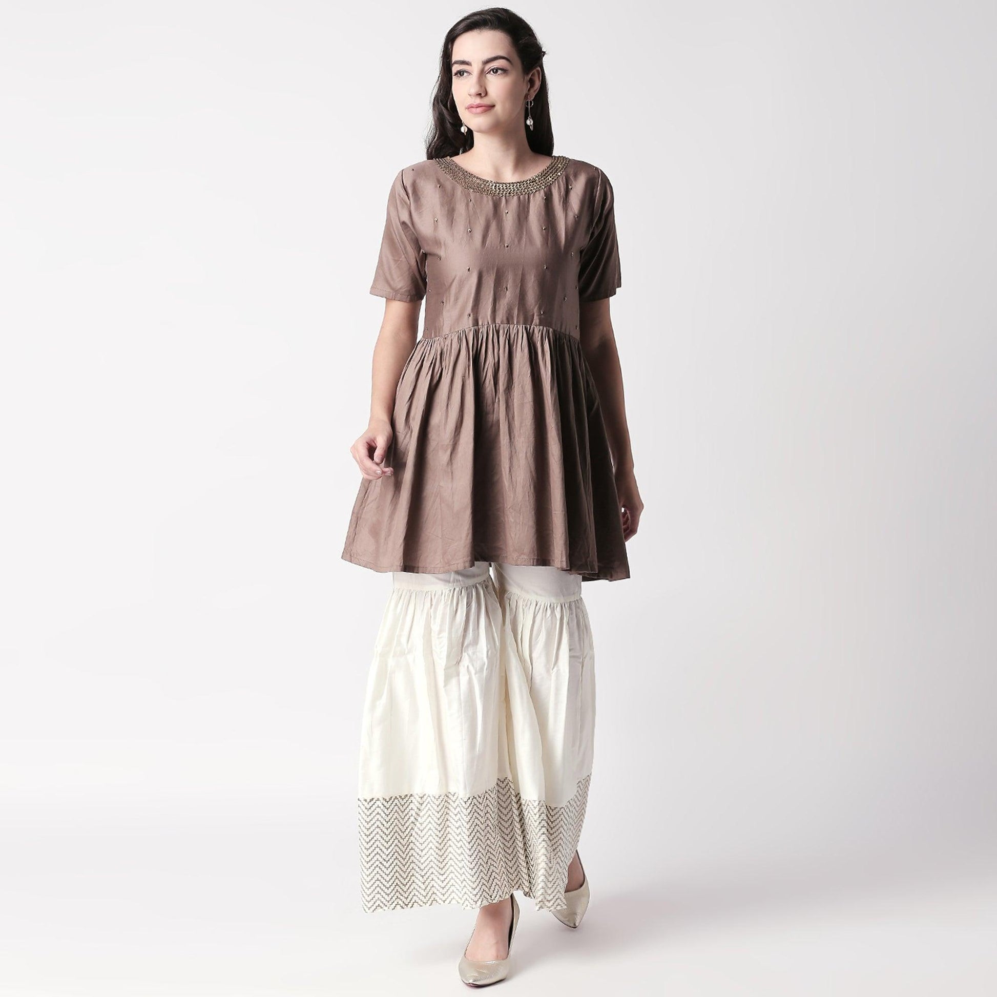 Charming Brown Colored Casual Embroidered Silk Kurti-Sharara Set