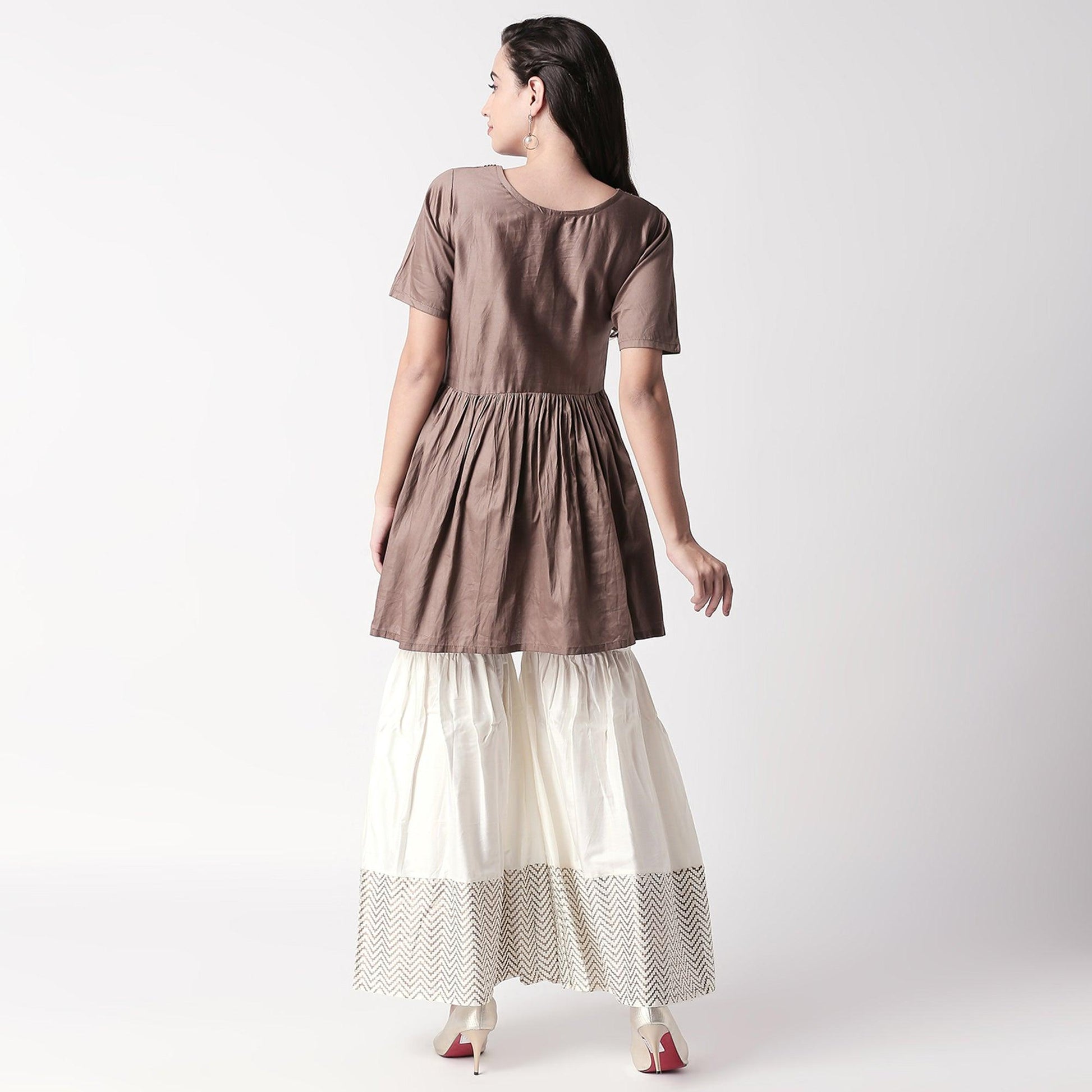 Charming Brown Colored Casual Embroidered Silk Kurti-Sharara Set