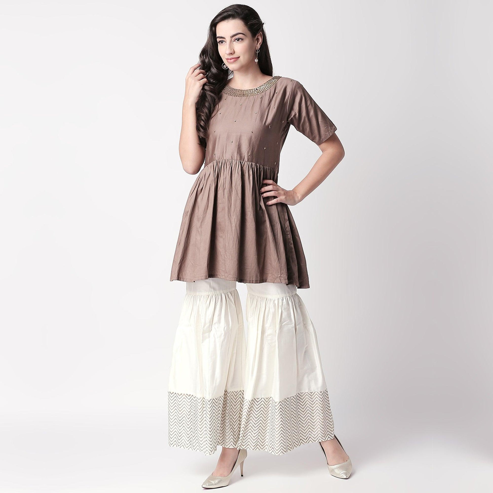 Charming Brown Colored Casual Embroidered Silk Kurti-Sharara Set
