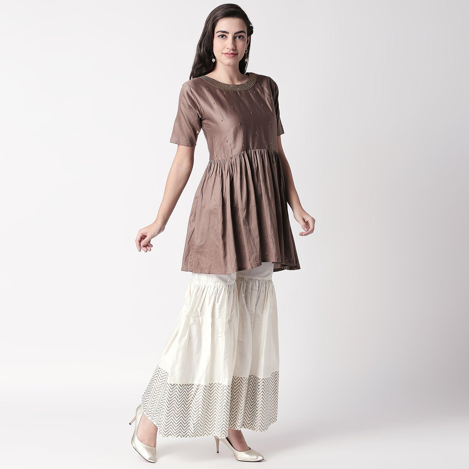 Charming Brown Colored Casual Embroidered Silk Kurti-Sharara Set