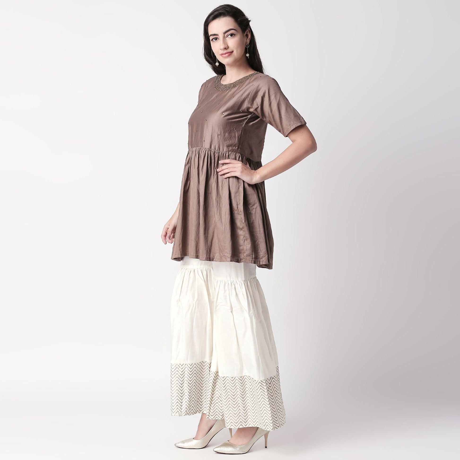 Charming Brown Colored Casual Embroidered Silk Kurti-Sharara Set