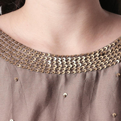Charming Brown Colored Casual Embroidered Silk Kurti-Sharara Set