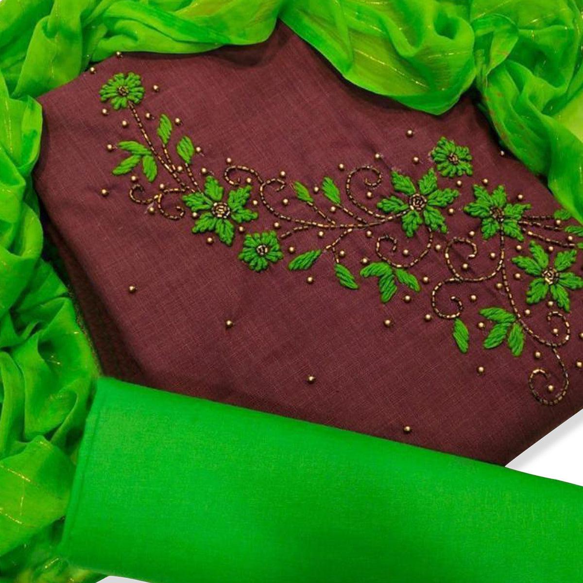 Charming Brown Colored Casual Wear Embroidered Cotton Dress Material
