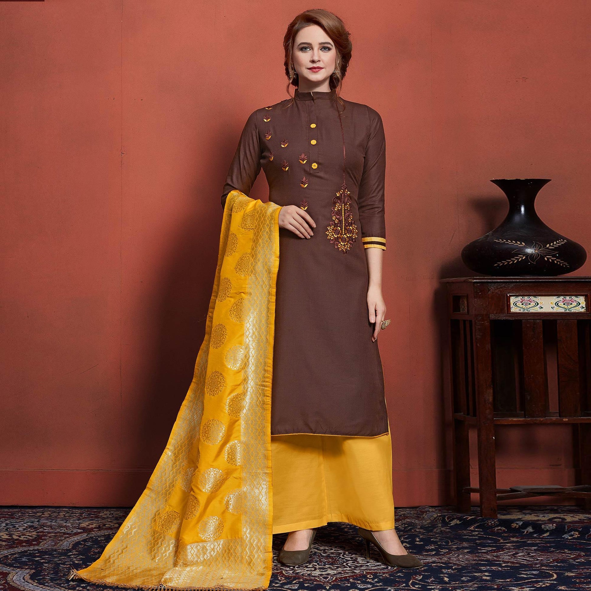 Charming Brown Colored Festive Wear Embroidered Cotton Dress Material With Banarasi Silk Dupatta