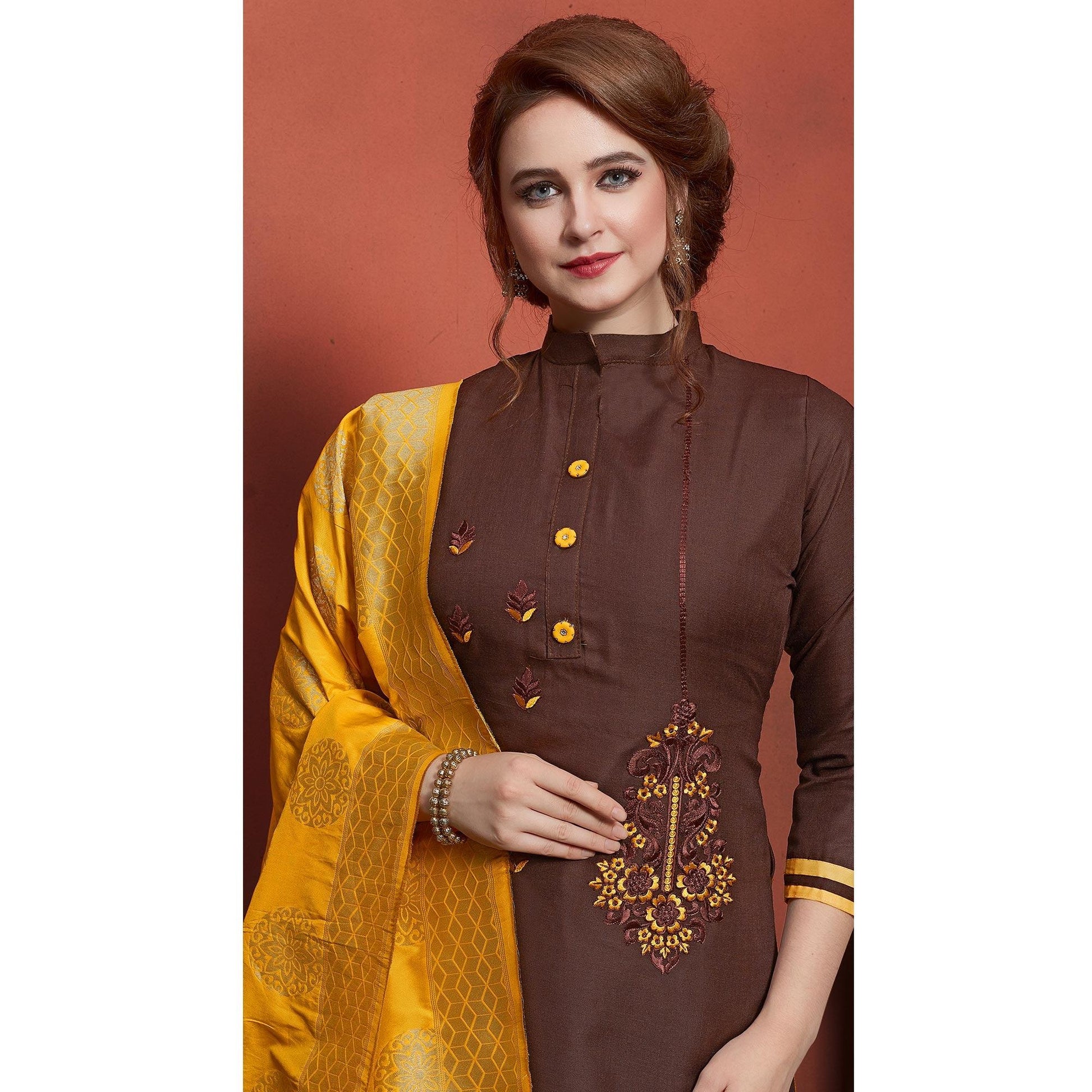Charming Brown Colored Festive Wear Embroidered Cotton Dress Material With Banarasi Silk Dupatta