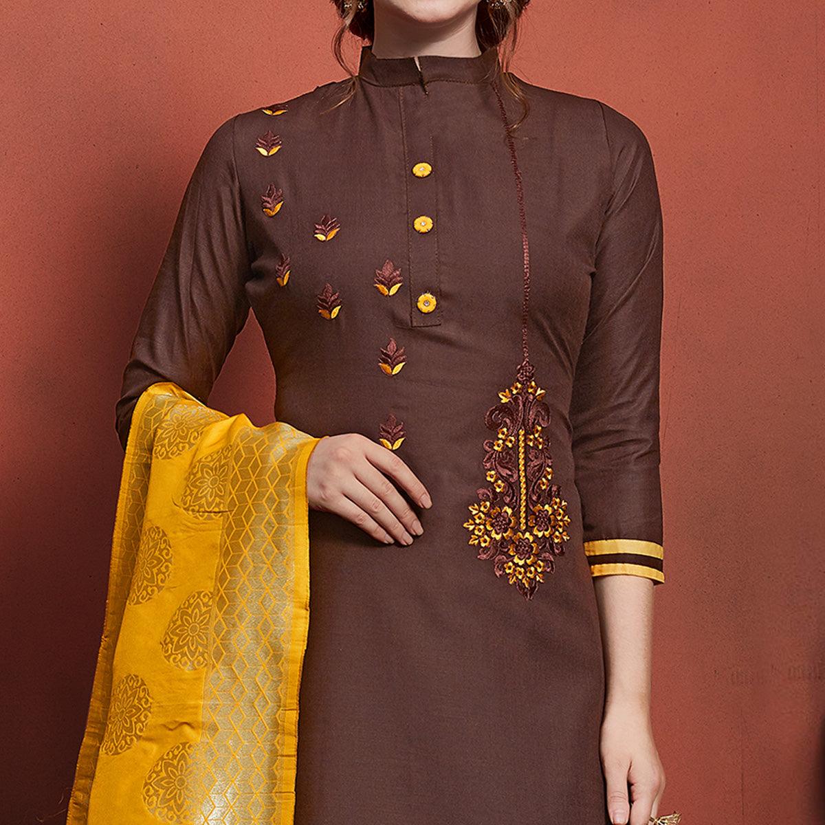 Charming Brown Colored Festive Wear Embroidered Cotton Dress Material With Banarasi Silk Dupatta