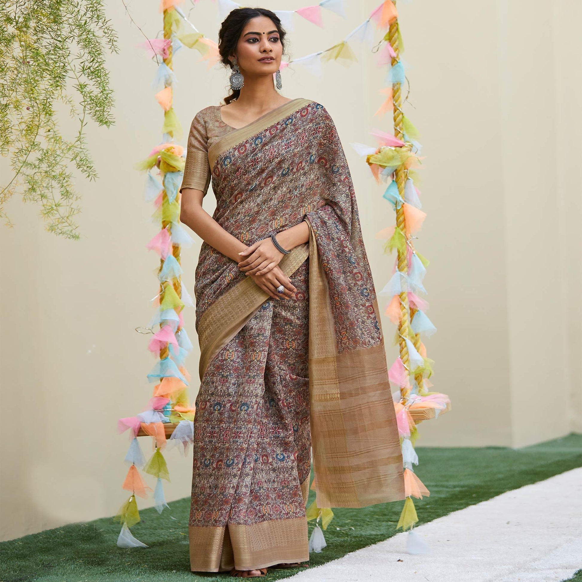 Charming Brown Colored Party Wear Digital Printed Linen Saree