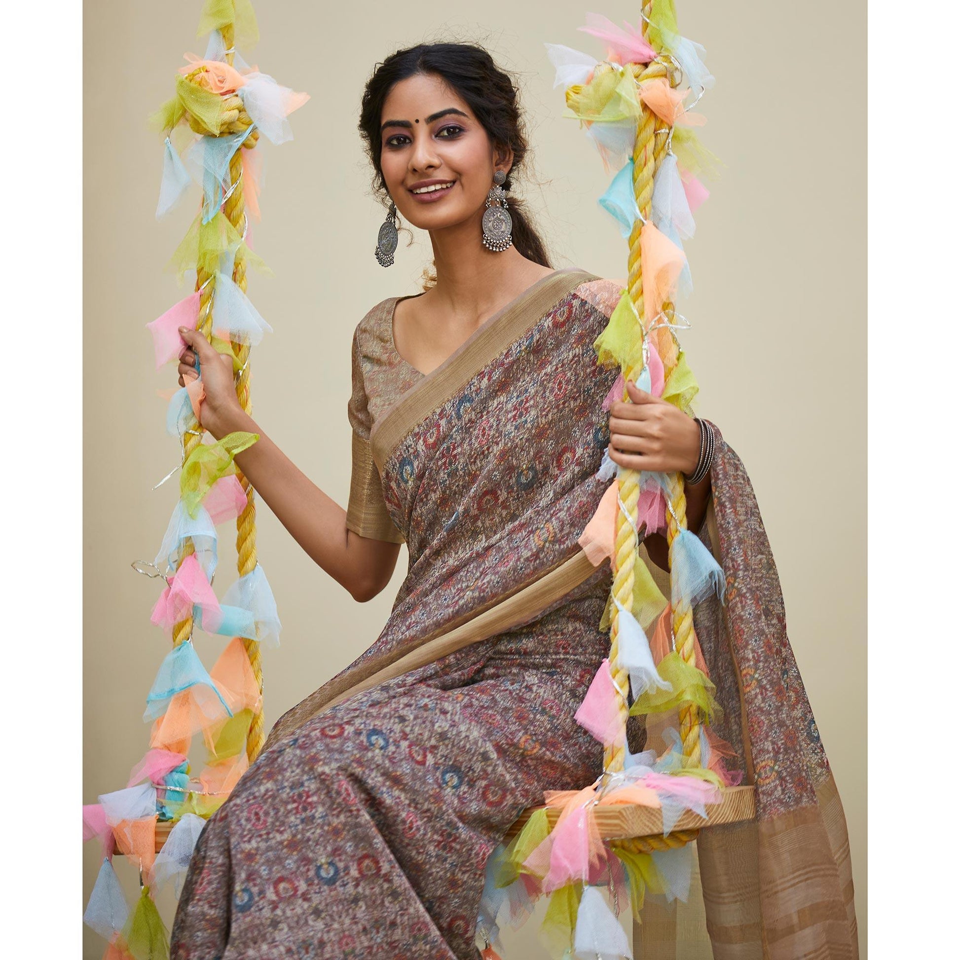 Charming Brown Colored Party Wear Digital Printed Linen Saree
