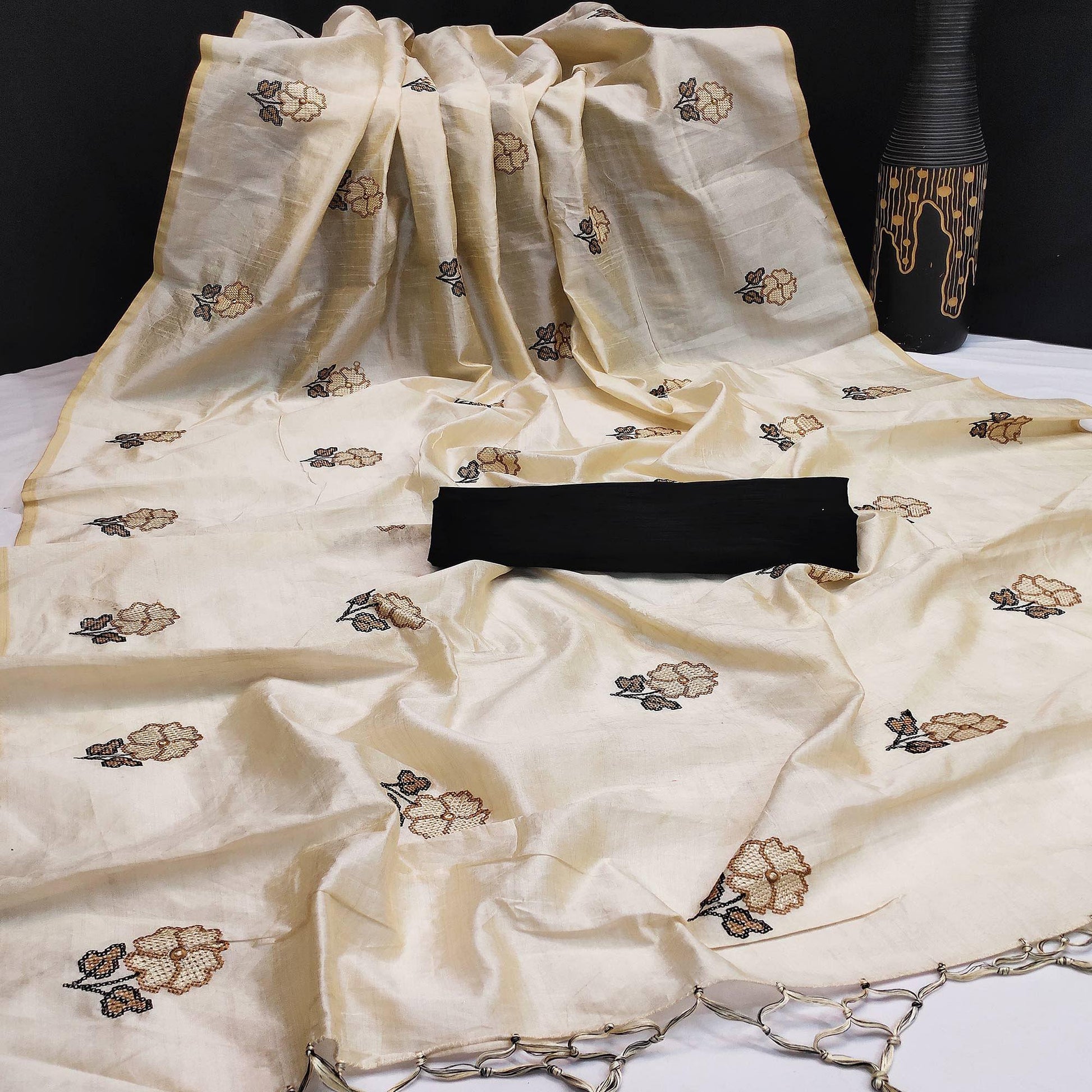Charming Cream Colored Festive Wear Embroidered Silk Saree