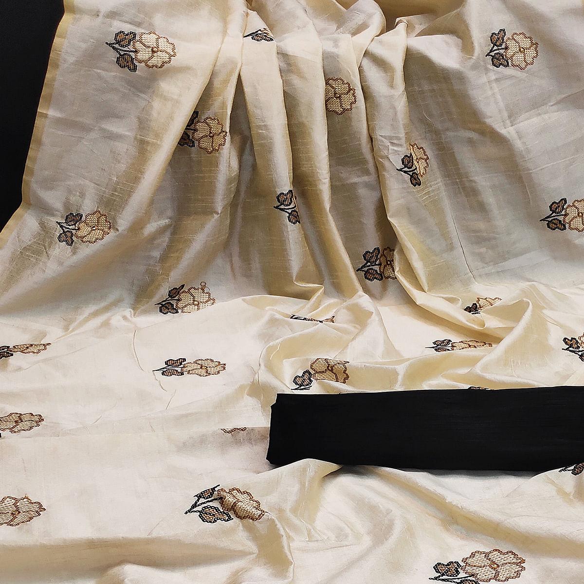 Charming Cream Colored Festive Wear Embroidered Silk Saree