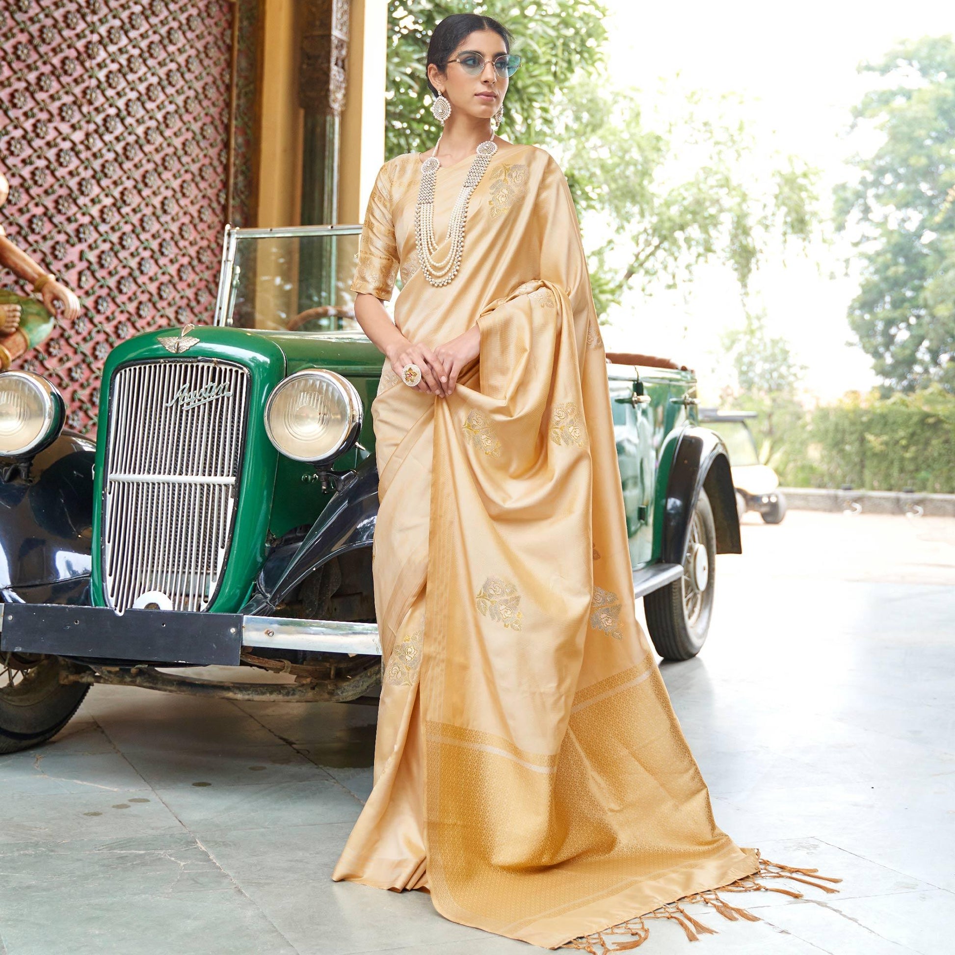 Charming Cream Colored Zari Work Festive Wear Banarasi Silk Saree