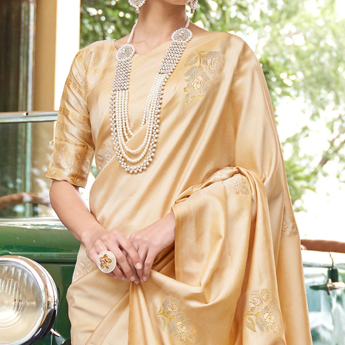 Charming Cream Colored Zari Work Festive Wear Banarasi Silk Saree