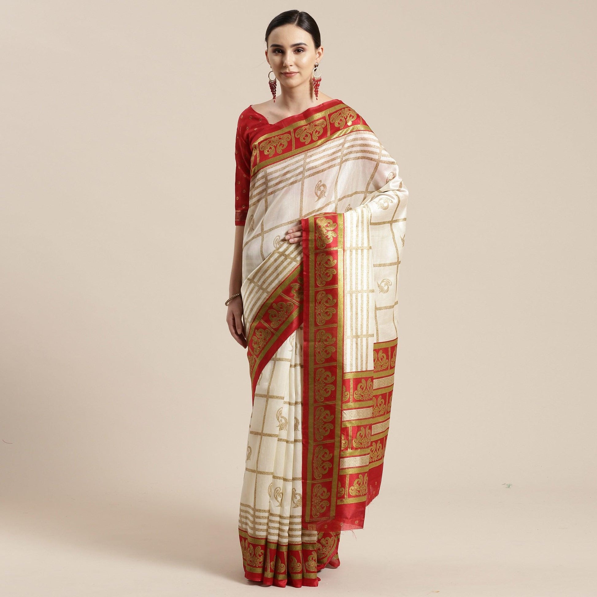Charming Cream-Red Colored Festive Wear Cheked Foli Print Patola Silk Saree