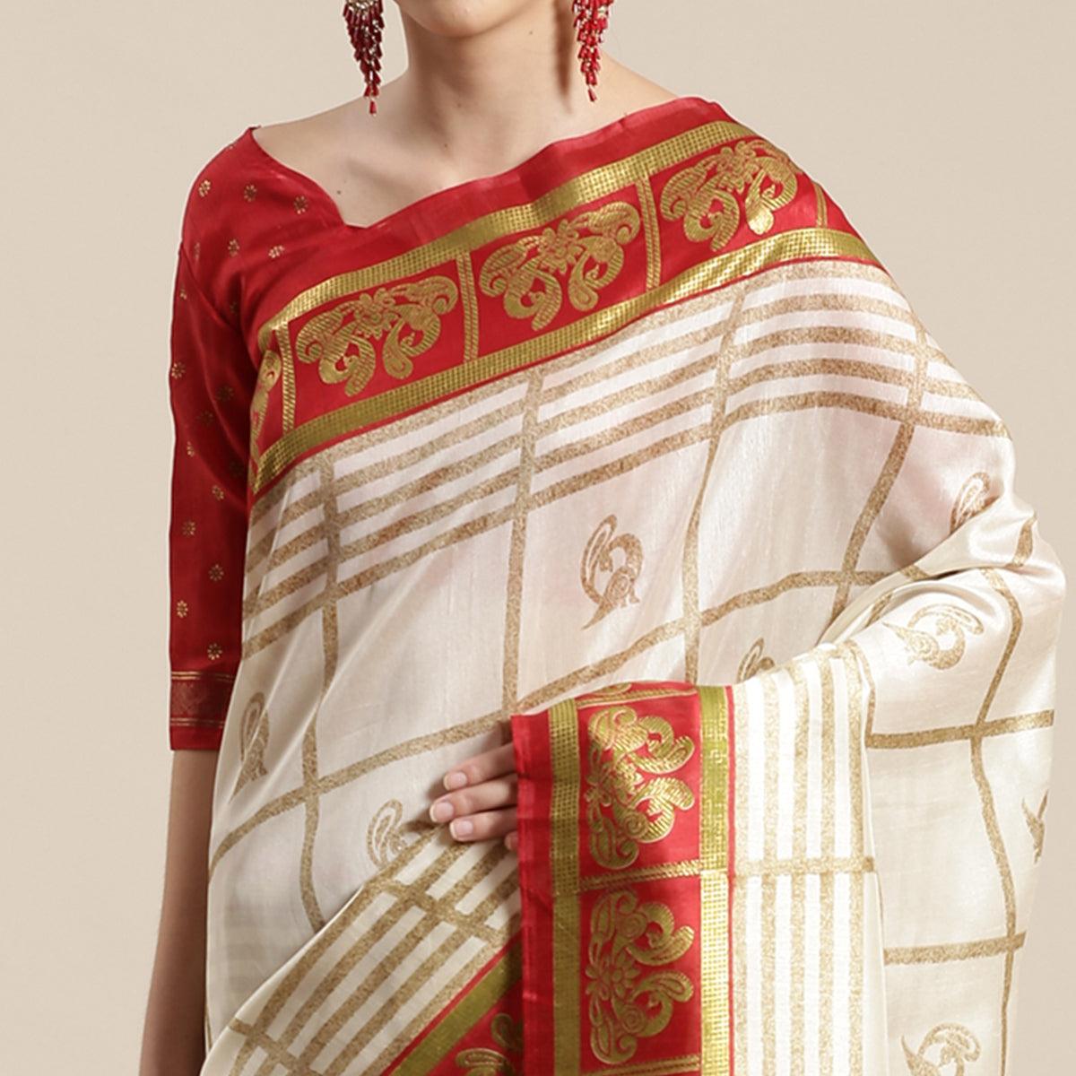 Charming Cream-Red Colored Festive Wear Cheked Foli Print Patola Silk Saree