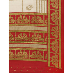 Charming Cream-Red Colored Festive Wear Cheked Foli Print Patola Silk Saree