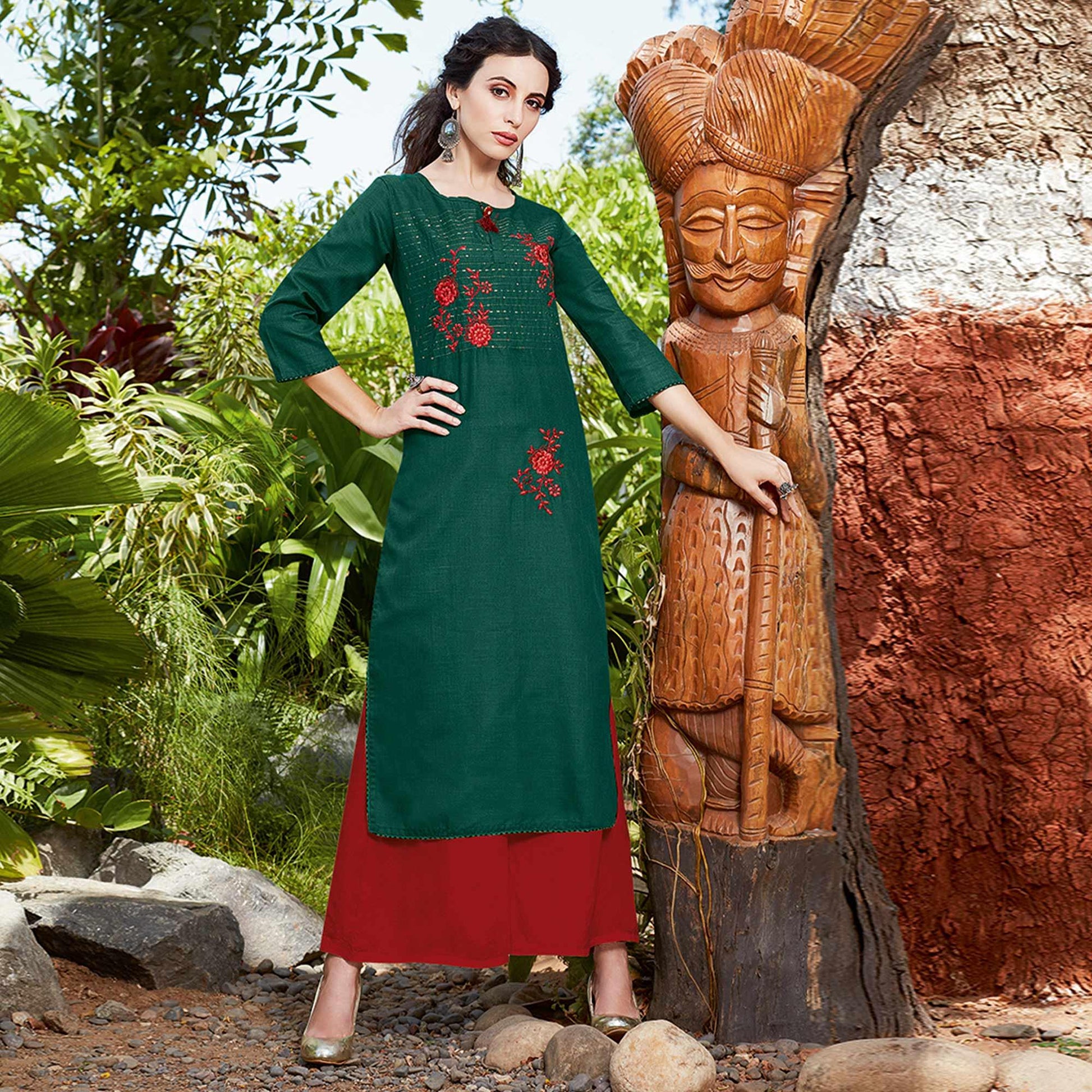 Charming Dark Green Colored Casual Wear Embroidered Cotton Sulb Kurti