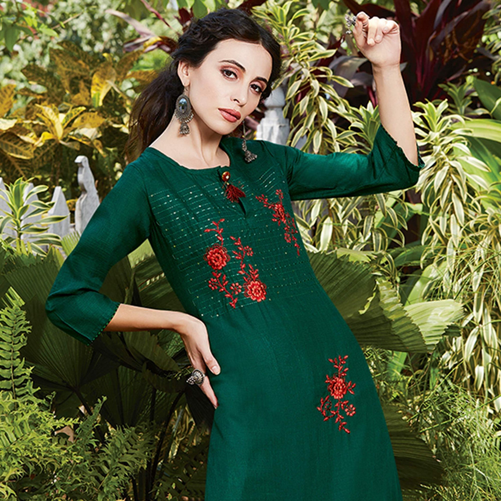 Charming Dark Green Colored Casual Wear Embroidered Cotton Sulb Kurti