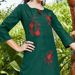 Charming Dark Green Colored Casual Wear Embroidered Cotton Sulb Kurti