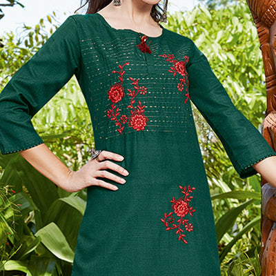 Charming Dark Green Colored Casual Wear Embroidered Cotton Sulb Kurti