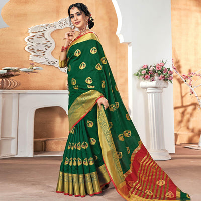 Charming Dark Green Colored Festive Wear Woven Silk Saree