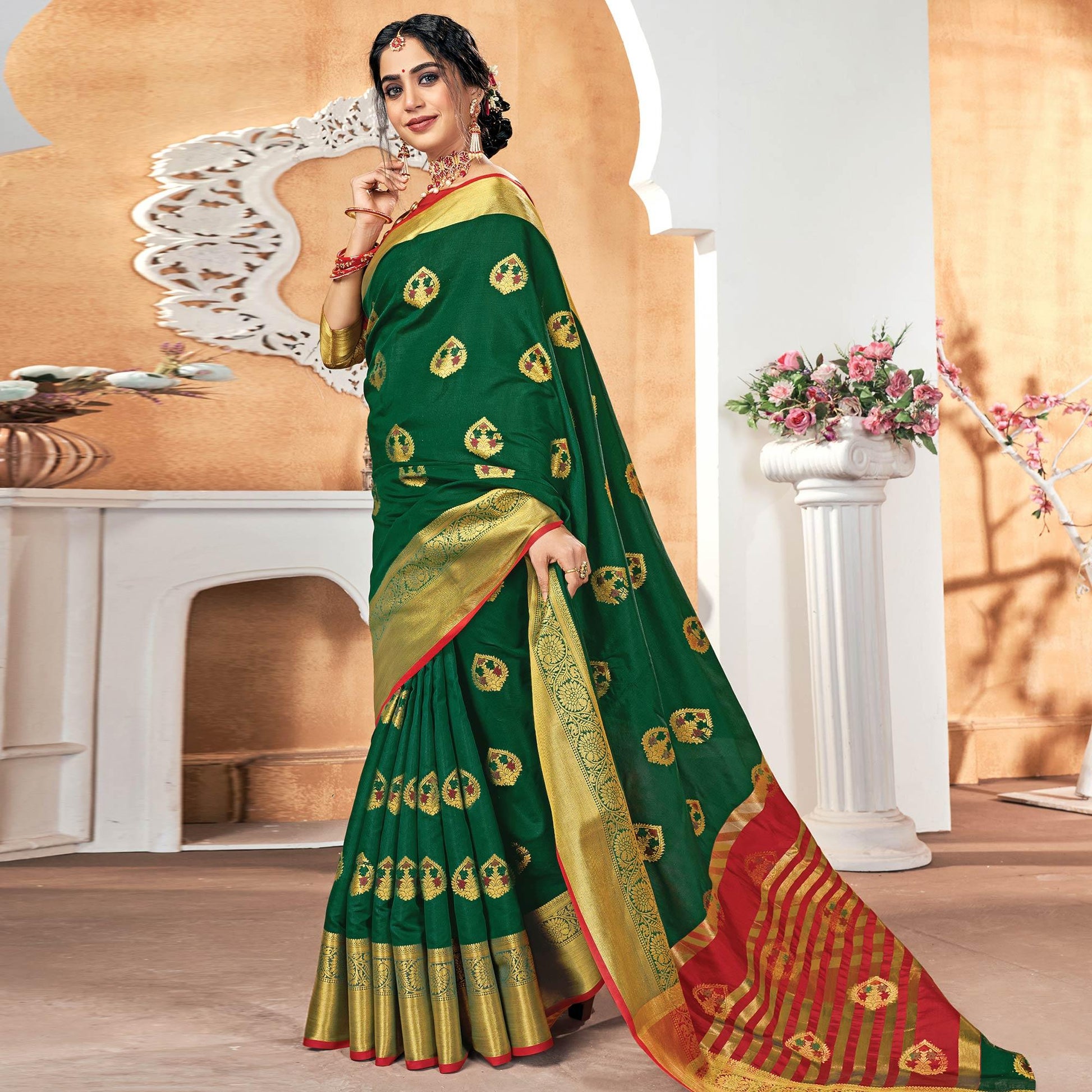 Charming Dark Green Colored Festive Wear Woven Silk Saree