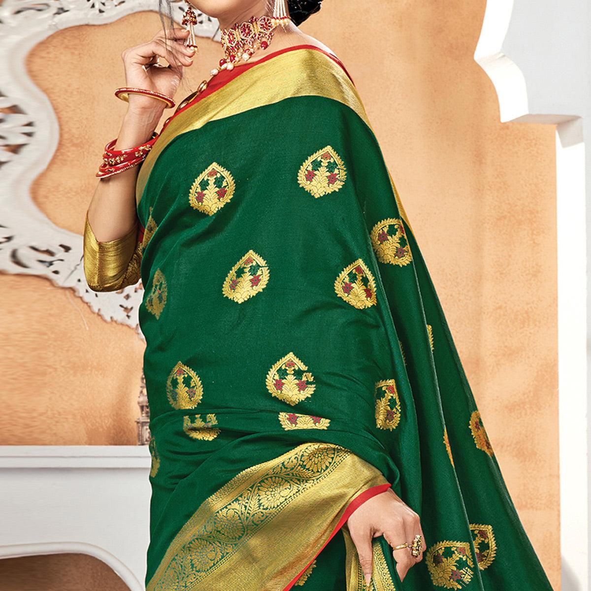 Charming Dark Green Colored Festive Wear Woven Silk Saree