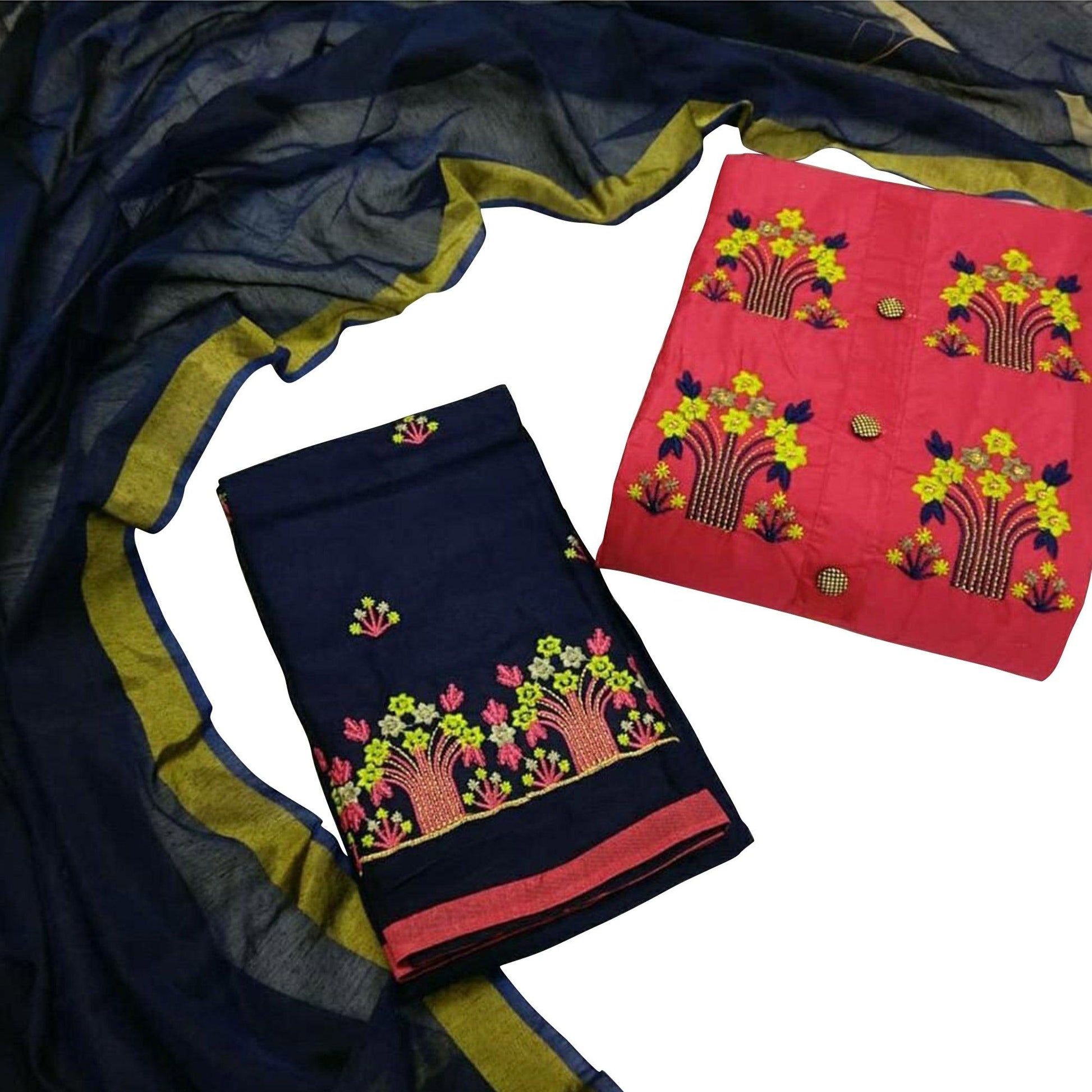 Charming Dark Peach Colored Casual Wear Embroidered Cotton Dress Material