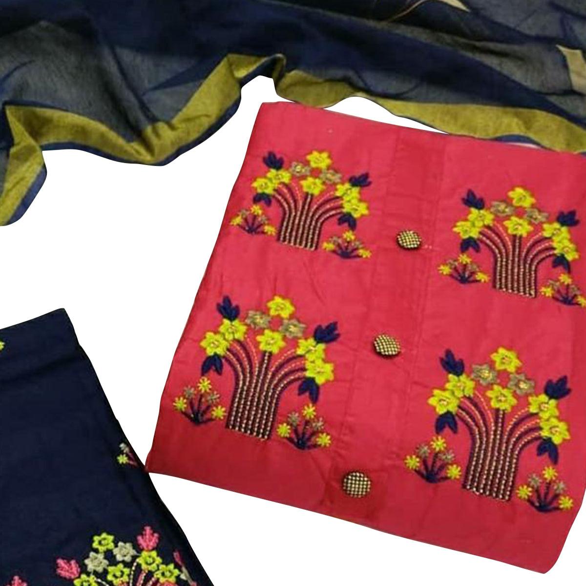 Charming Dark Peach Colored Casual Wear Embroidered Cotton Dress Material