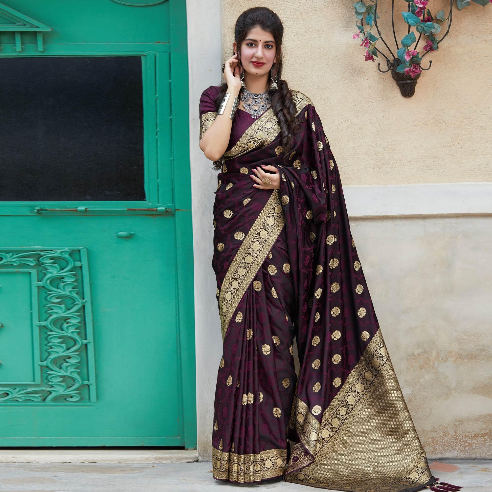 Charming Dark Purple Colored Festive Wear Woven Banarasi Silk Saree