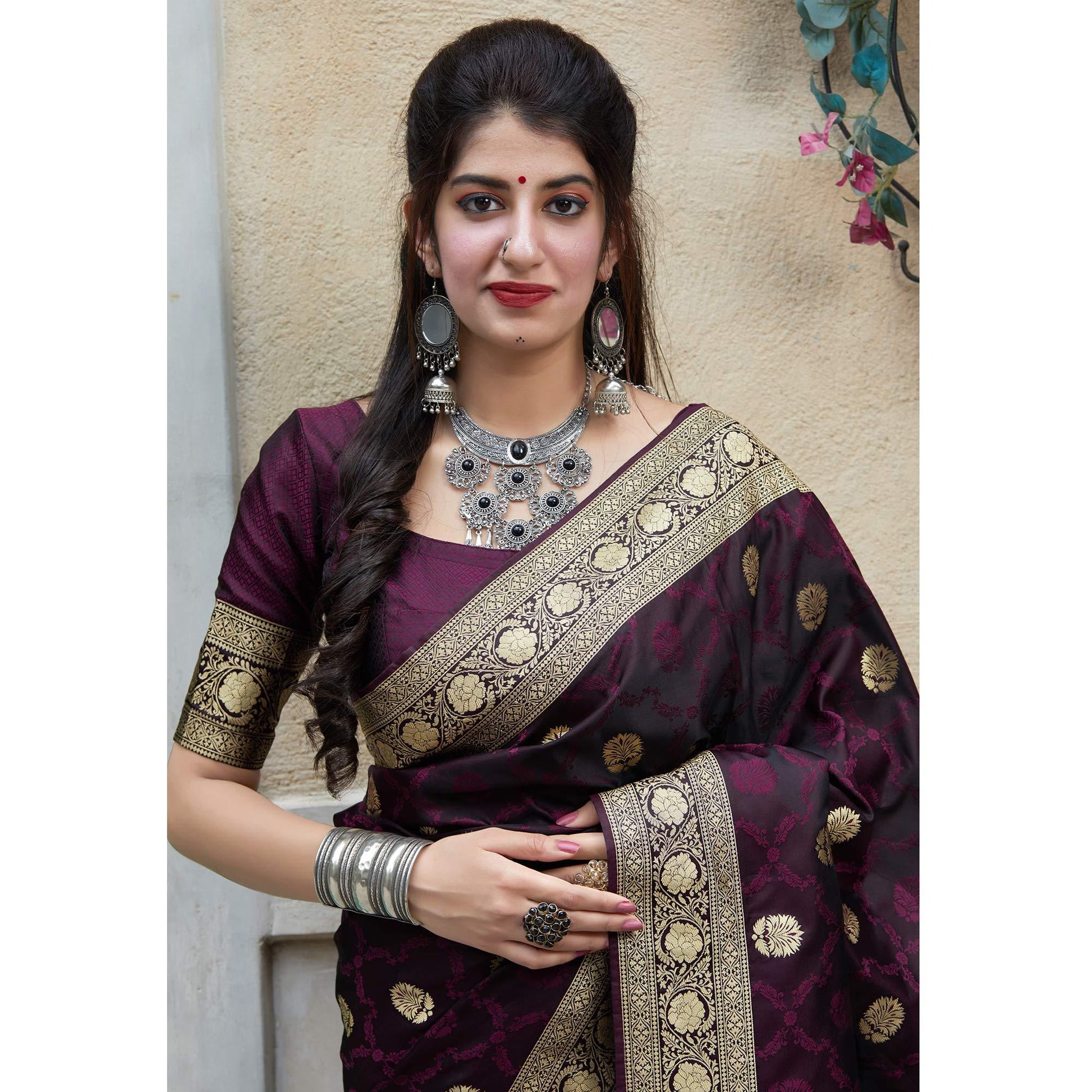 Charming Dark Purple Colored Festive Wear Woven Banarasi Silk Saree