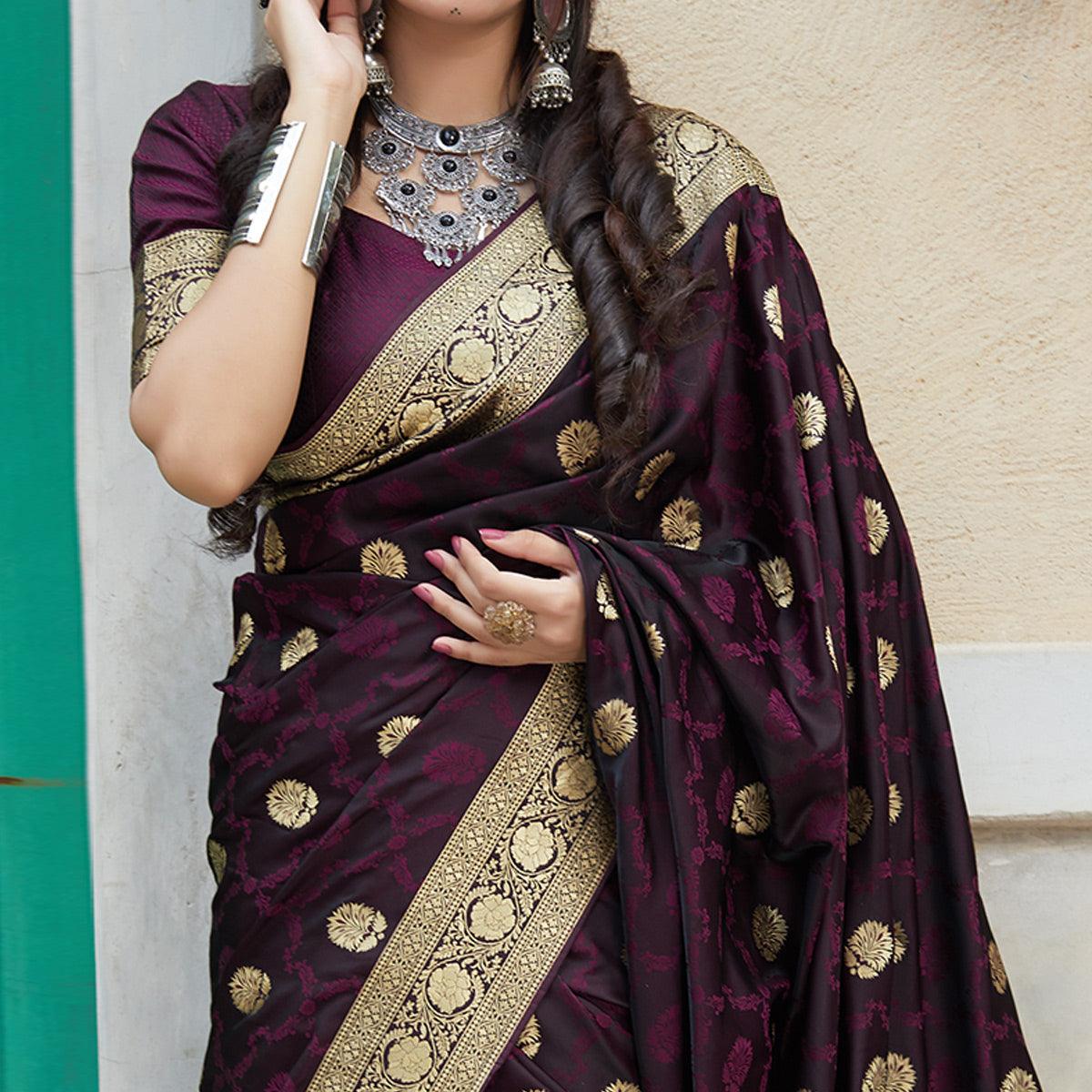 Charming Dark Purple Colored Festive Wear Woven Banarasi Silk Saree