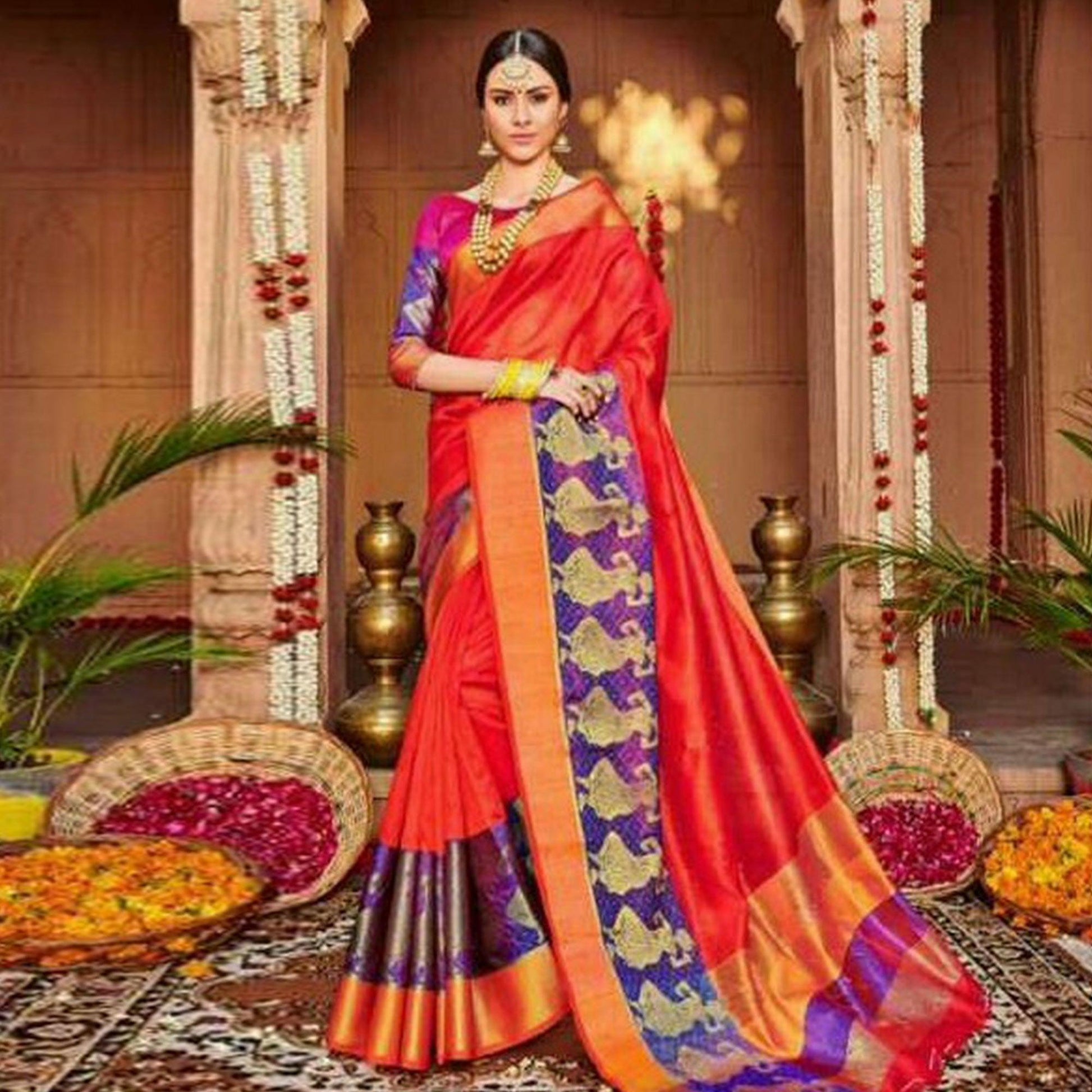 Charming Dark Red Colored Festive Wear Woven Art Silk Saree