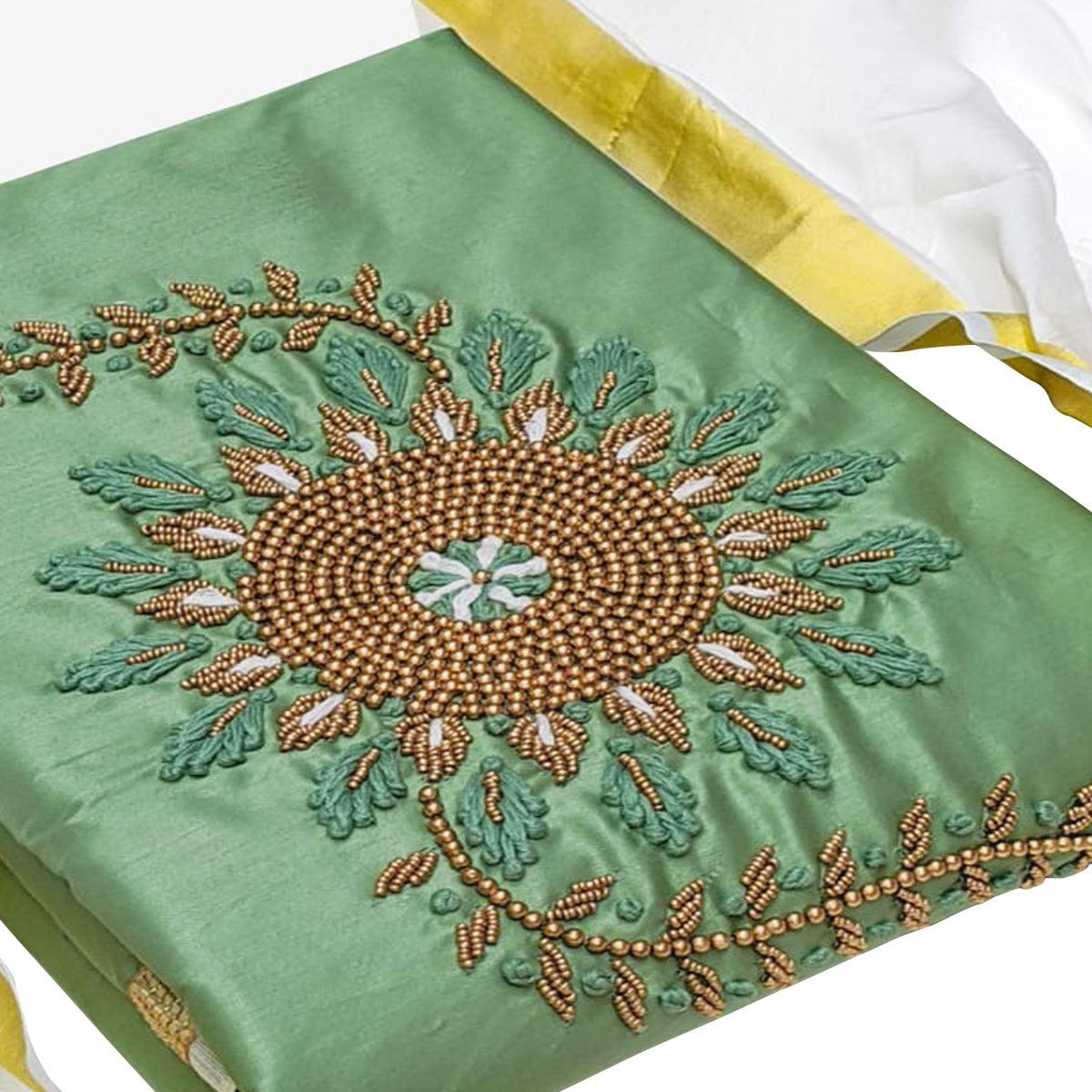 Charming Green Colored Casual Wear Embroidered Cotton Dress Material