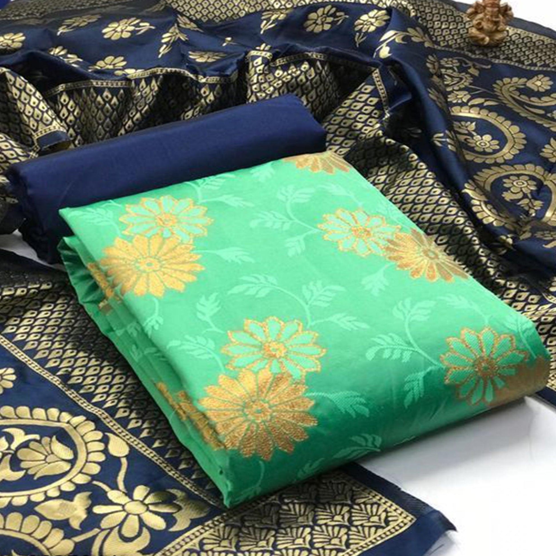 Charming Green Colored Casual Wear Woven Banarasi Silk Dress Material