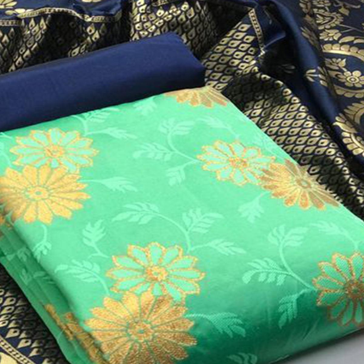 Charming Green Colored Casual Wear Woven Banarasi Silk Dress Material
