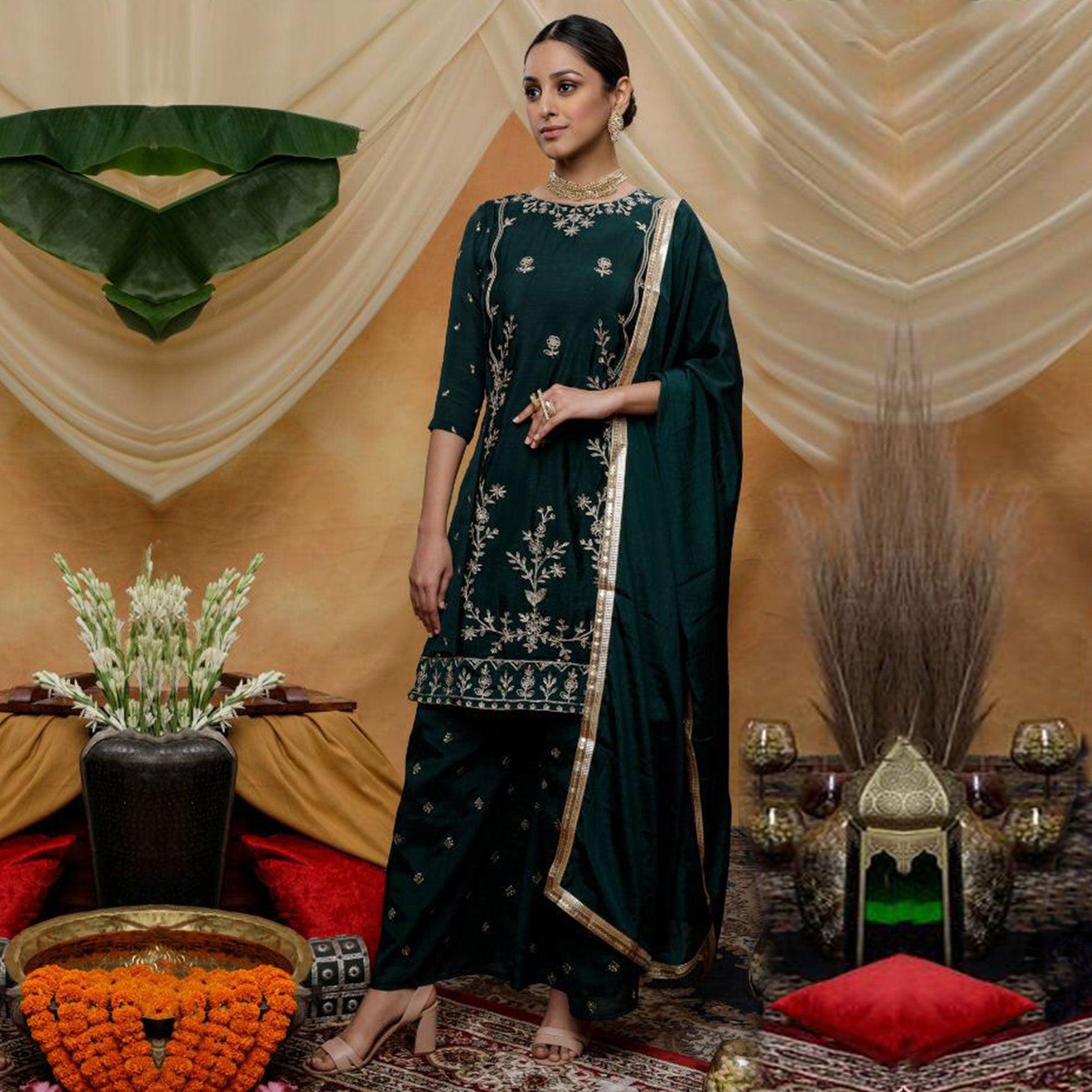 Charming Green Colored Party Wear Embroidered Art Silk Palazzo Suit