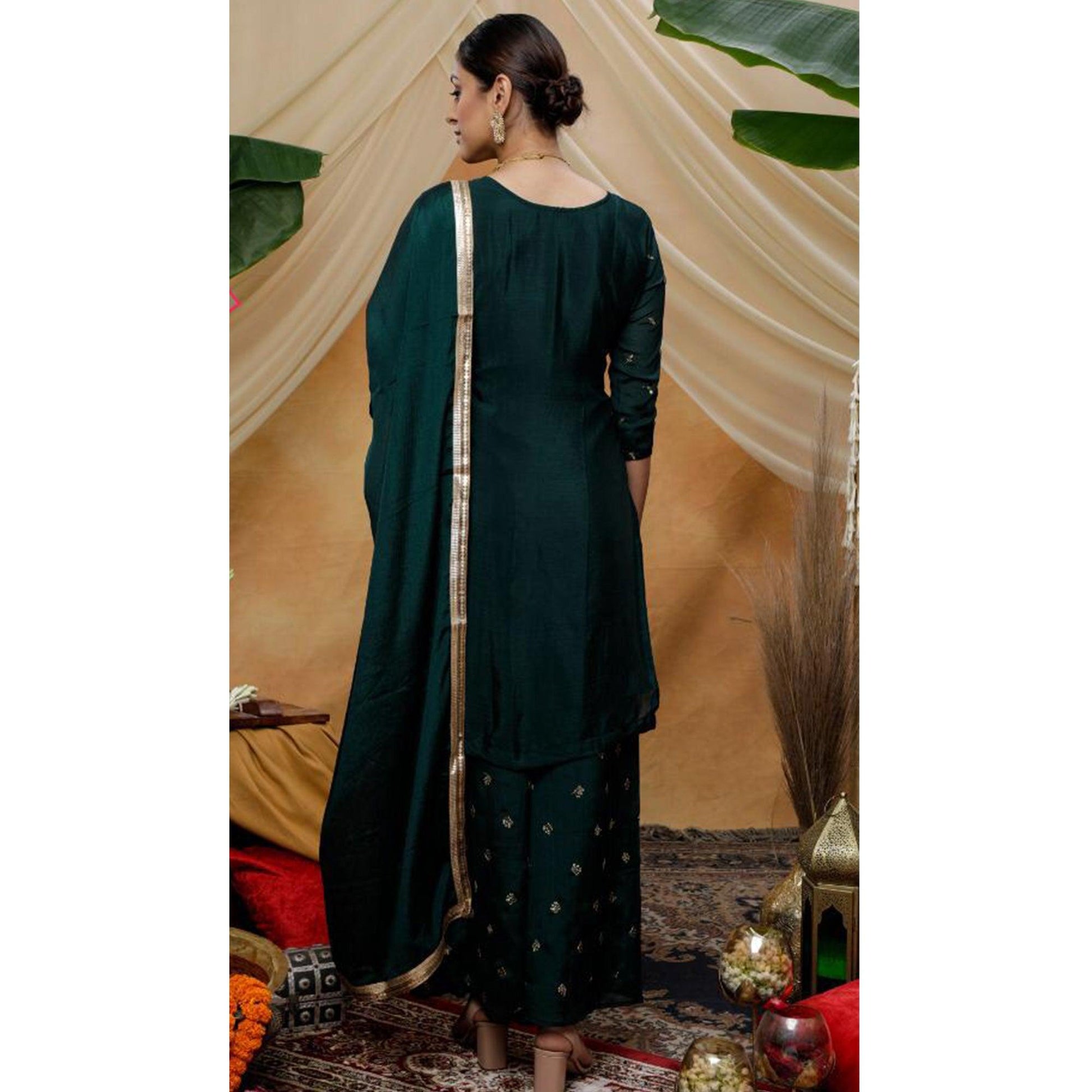 Charming Green Colored Party Wear Embroidered Art Silk Palazzo Suit