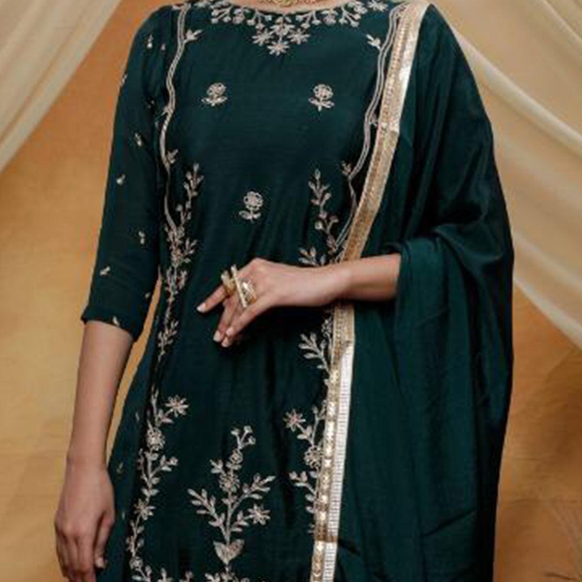 Charming Green Colored Party Wear Embroidered Art Silk Palazzo Suit