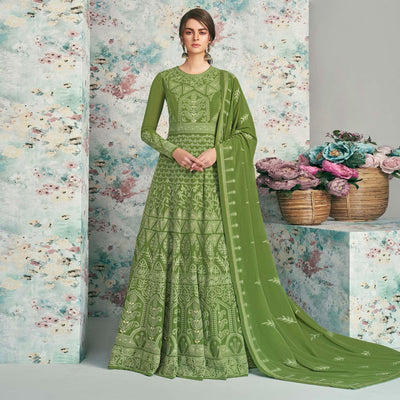 Charming Green Colored Party Wear Embroidered Heavy Faux Georgette Anarkali Suit