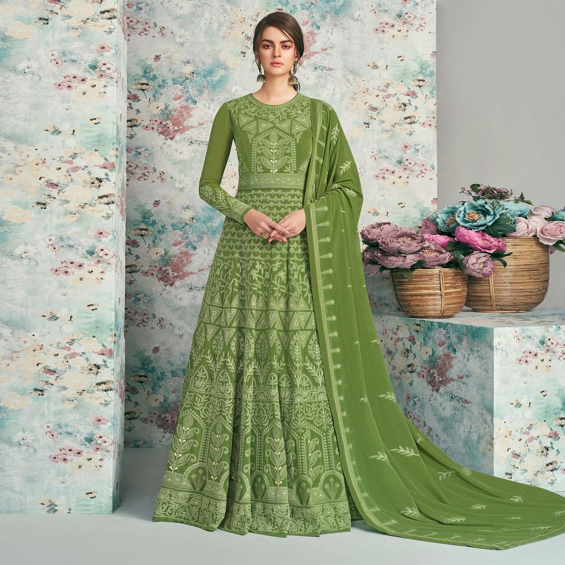 Charming Green Colored Party Wear Embroidered Heavy Faux Georgette Anarkali Suit