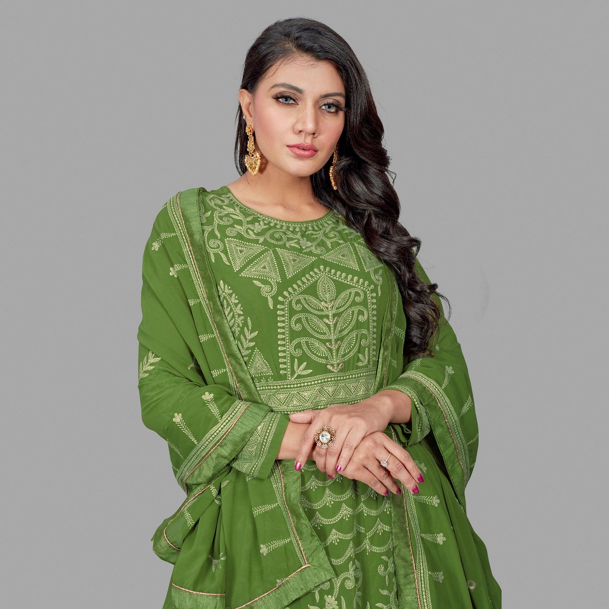 Charming Green Colored Party Wear Embroidered Heavy Faux Georgette Anarkali Suit