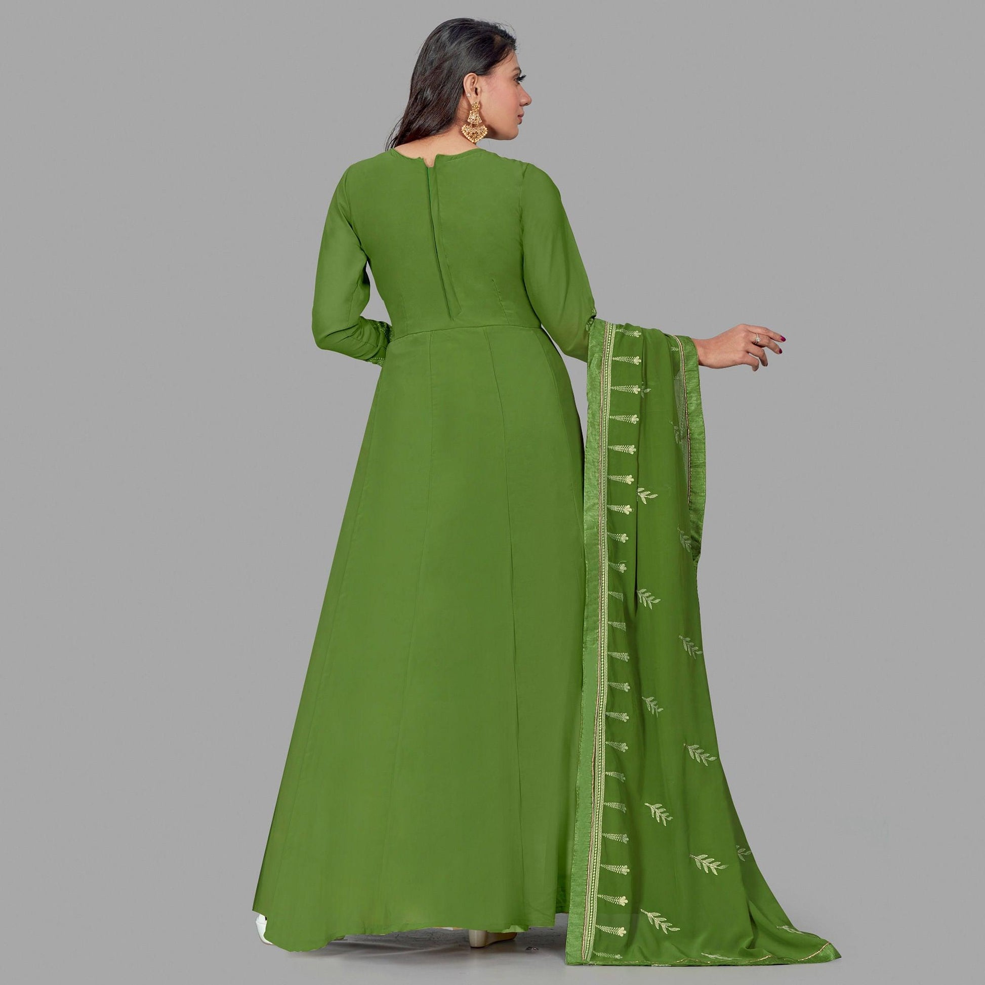 Charming Green Colored Party Wear Embroidered Heavy Faux Georgette Anarkali Suit