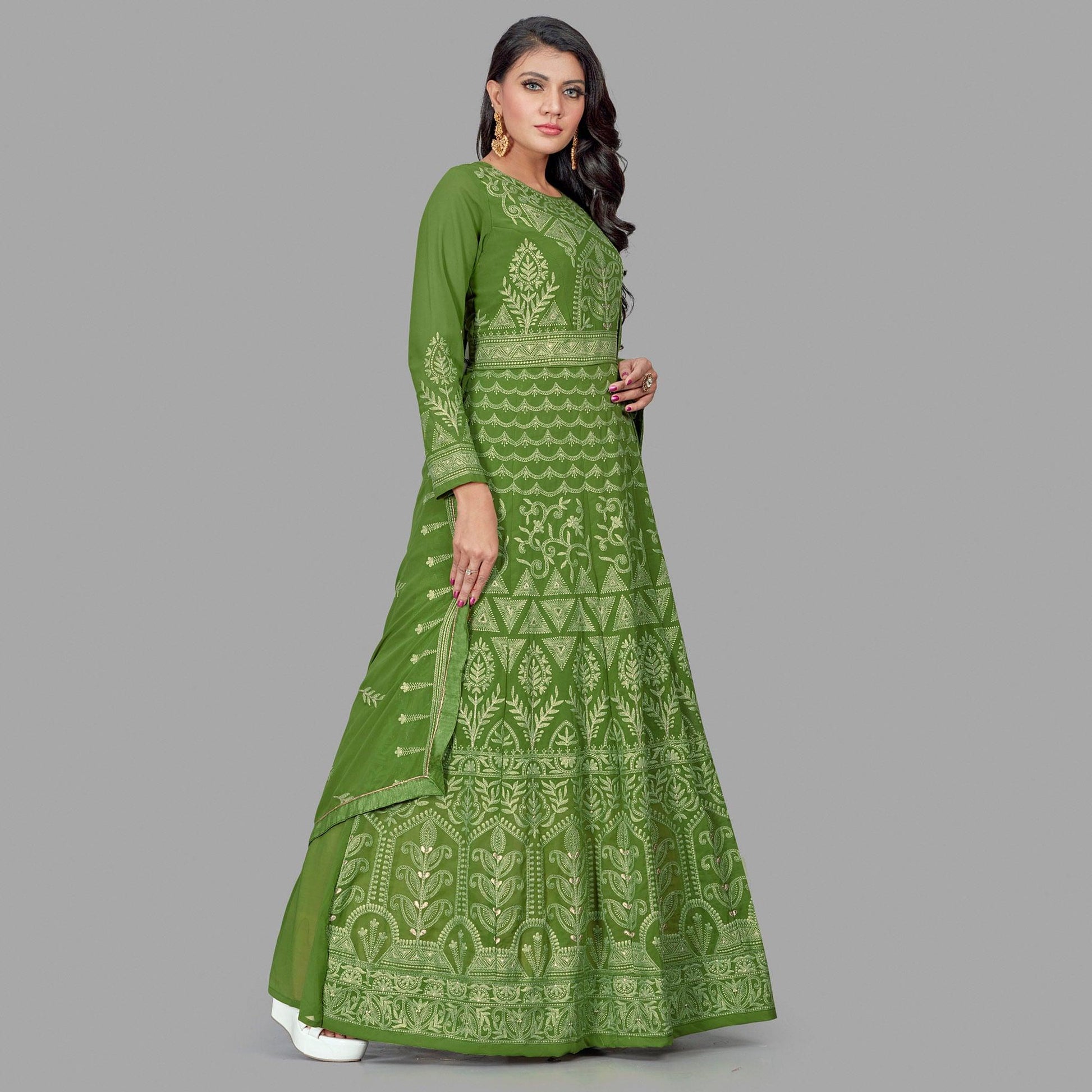Charming Green Colored Party Wear Embroidered Heavy Faux Georgette Anarkali Suit