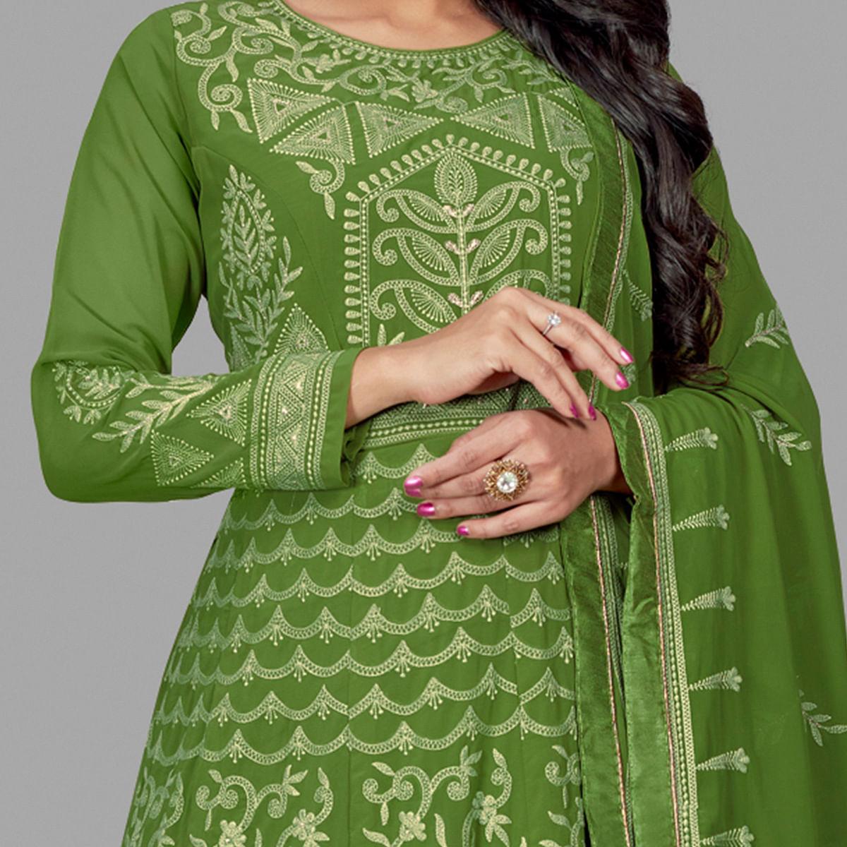 Charming Green Colored Party Wear Embroidered Heavy Faux Georgette Anarkali Suit