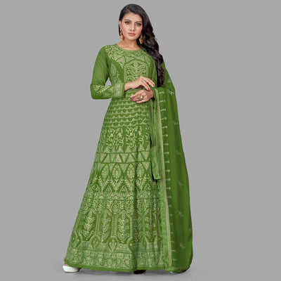 Charming Green Colored Party Wear Embroidered Heavy Faux Georgette Anarkali Suit
