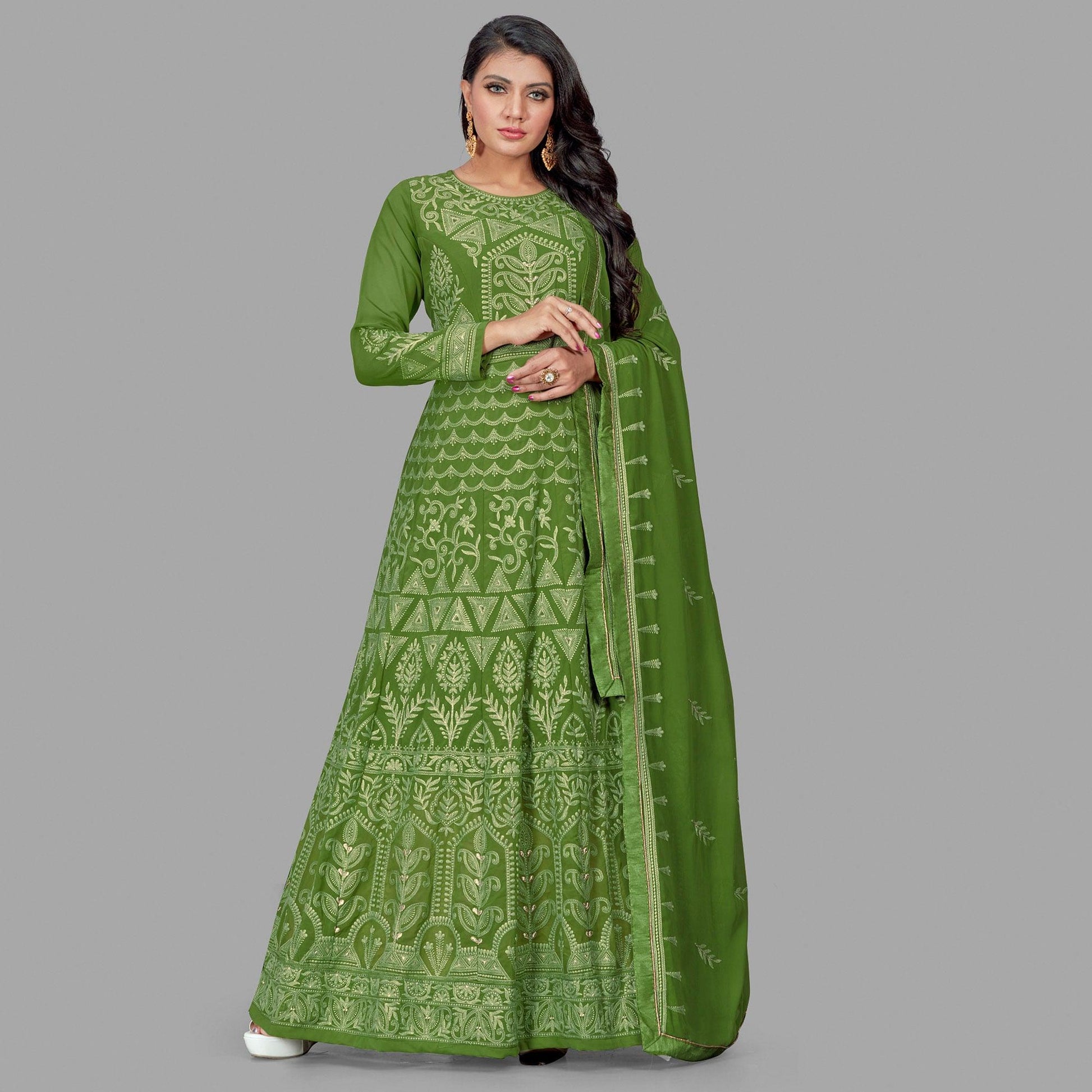 Charming Green Colored Party Wear Embroidered Heavy Faux Georgette Anarkali Suit