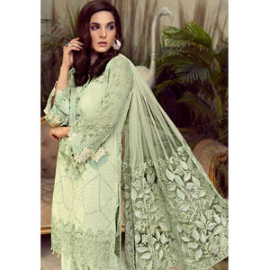 Charming Green Colored Partywear Embroidered Faux Gerogette Straight Suit